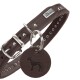 Brauner Leder-Hundehalsband mit silbernen Nieten und einem runden Anhänger mit einer Hundesilhouette, markiert mit "HUNTER."
