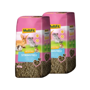 Zwei Taschen mit MultiFit-Strohstreu für kleine Haustiere, mit Bildern eines Kaninchens, Meerschweinchens und Chinchillas, mit einem 24 kg Etikett.