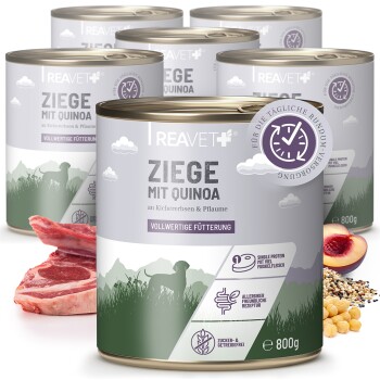 Dosen von REAVET+ Hundefutter mit der Aufschrift "Ziege mit Hirse," die Ziegenfleisch mit Hirse, Kichererbsen und Pflaumen zeigen; 800g jeweils, glutenfrei.