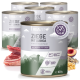 Dosen von REAVET+ Hundefutter mit der Aufschrift "Ziege mit Hirse," die Ziegenfleisch mit Hirse, Kichererbsen und Pflaumen zeigen; 800g jeweils, glutenfrei.