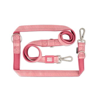 Pink verstellbare Hundeleine mit Metallclips und Ringen, mit "Max & Molly" Branding auf weißem Hintergrund.