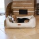 Beagle liegt in einem beigen Leder-Haustierbett mit einem „tierlando.de“-Etikett auf einem gefliesten Boden im Innenraum.