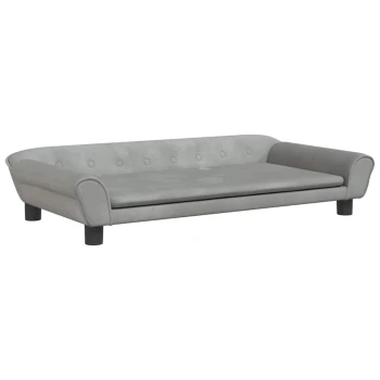 Stylisches graues Haustiersofa mit schlankem Design, mit glatter Oberfläche und Knopfheftung auf der Rückenlehne.