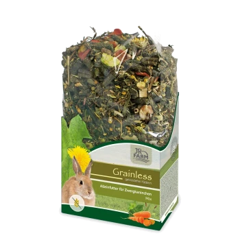 Sac transparent de mélange de nourriture pour lapins JR Farm sans céréales avec des herbes séchées, des légumes et une image de lapin. Texte : "Aliment complet pour lapins nains".