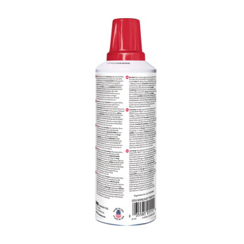 Rückansicht einer weißen Aerosoldose für Tierprodukte mit roter Kappe, dichtgedrucktem Rücketikett, Barcode und 'Made in USA'-Emblem.