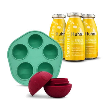 Drei gelbe Flaschen SmoothieDog Huhn Hundesnack mit einer grünen Silikonform und einem roten Leckerball mit brauner Füllung.
