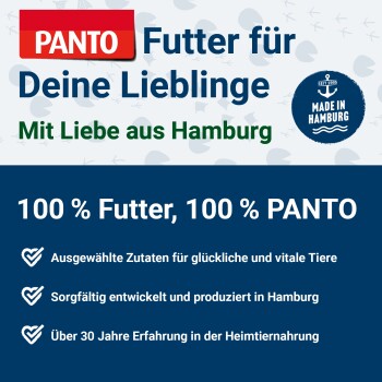 PANTO Tierfutter, hergestellt in Hamburg seit 1995, mit ausgewählten Zutaten für glückliche, vitale Tiere, über 30 Jahre Erfahrung.