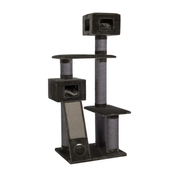 Katzenbaum mit mehreren Ebenen, Kratzpfosten und zwei geschlossenen Würfelflächen, ausgestattet mit einem weichen grauen Stoffdesign.