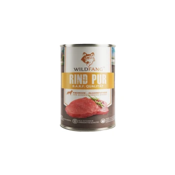 Dose Wildfang Hundefutter mit Aufdruck 'RIND PUR B.A.R.F. QUALITÄT' und Bild von rohem Rindfleisch auf dem Etikett.