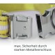 Nahaufnahme eines gelben Haustierhalsbandes mit einer starken Metallschnalle, mit dem Text 'max. Sicherheit durch starken Metallverschluss.'