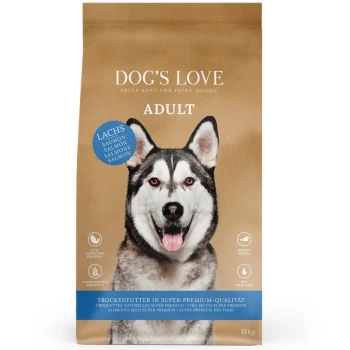 Sac de nourriture pour chiens Dog's Love pour chiens adultes avec un Husky sibérien souriant. Caractéristiques "Saumon" (lachs), "12 kg," et "qualité super-premium."