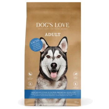 Torba karmy dla dorosłych psów Dog's Love z uśmiechniętym Siberian Husky. Zawiera "Lachs" (łosoś), "12 kg" i "super-premium quality."