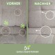 Vorher-Nachher eines Sofas: links zeigt Flecken mit der Beschriftung "VORHER," rechts ist sauber mit der Beschriftung "NACHHER," mit "Bio GERUCHSENTFERNER" darunter.