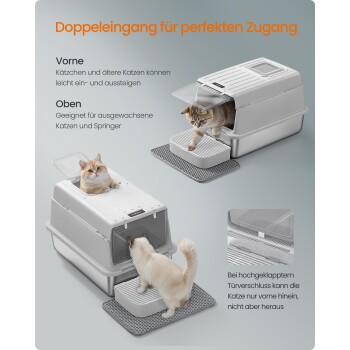 Katzenstreu-Kiste mit zwei Eingängen für einfachen Zugang, zeigt Katzen, die von oben und vorne hineingehen, mit deutschem Text, der die Funktionen beschreibt.