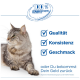 Grau-getigerte Katze neben blauer Checkliste mit den deutschen Wörtern 'Qualität, Konsistenz, Geschmack' und '100% Zufriedenheits-Garantie'
