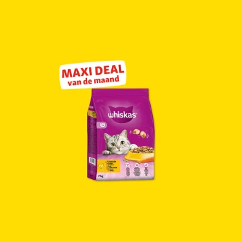Whiskas 7 kg zak droog kattenvoer met kippenmaak op gele achtergrond, gelabeld "MAXI DEAL van de maand".