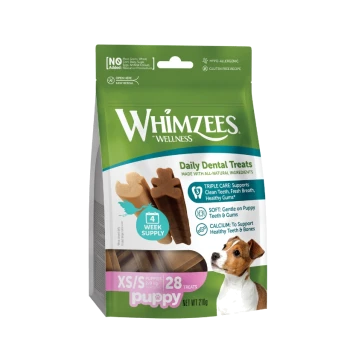 Sac de friandises dentaires quotidiennes Whimzees Wellness pour chiot XS/S 28 friandises, approvisionnement pour 4 semaines, image de friandises à mâcher et petit chien.