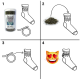 Vierteiliges Diagramm: Glas mit der Aufschrift 'Kater Kasimirs Katzenminze', Haufen Katzenminze, gefüllte und verknotete Socke, katze mit herzförmigen Augen.