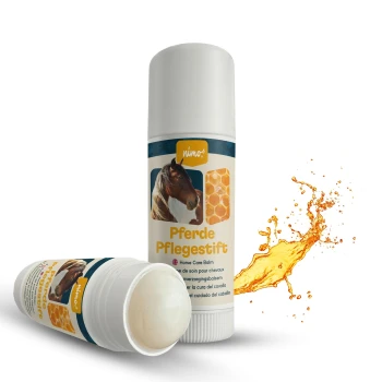 Pferdepflegebalsam-Stick mit einem Pferdebild und einem Waben-Grafik, beschriftet mit "Pferde Pflegestift" und "Horse Care Balm."