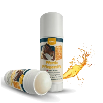 Pferdepflegebalsam-Stick mit einem Pferdebild und einem Waben-Grafik, beschriftet mit "Pferde Pflegestift" und "Horse Care Balm."