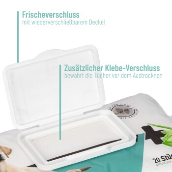 Bild einer Verpackung für ein Haustierprodukt mit einem wiederverschließbaren Deckel und einem klebrigen Verschluss, um die Tücher feucht zu halten, mit deutschem Text, der die Eigenschaften hervorhebt.