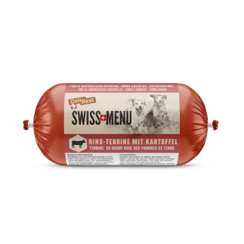 Emballage de saucisse rouge étiqueté "DeliBest Swiss Menu Rind-Terrine mit Kartoffel," présentant deux chiens et des détails sur les ingrédients en allemand et en français.