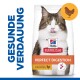 Katzenfutterbeutel mit einer Katze, die sich die Lippen leckt, beschriftet mit "Hill's Science Plan", mit "Perfekte Verdauung" und "mit Huhn & Naturreis."