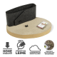 Kratzbaum für Katzen mit einer dunklen Filzwand, einer runden, gewellten Basis, Schrauben und einem Paket Katzenminze, mit umweltfreundlichen Symbolen.