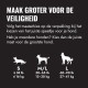 Nederlandse veiligheidskaart 'MAAK GROTER VOOR DE VEILIGHEID' met hondensilhouetten en maten S ≤35 lb/≤16 kg, M/L 30–65 lb/13–30 kg, L 60–90 lb/27–41 kg