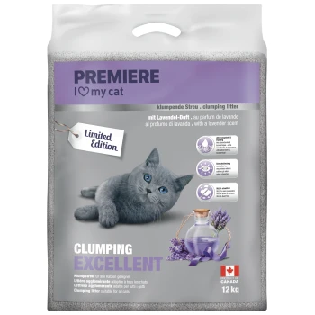 Worek żwirku zbrylającego Premiere I love my cat o zapachu lawendy, edycja limitowana, 12 kg, produkt Kanady.