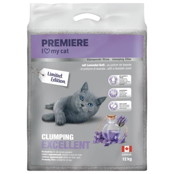 Bag of Premiere I love my cat clumping litter with lavender scent, limited edition, 12 kg, product of Canada.