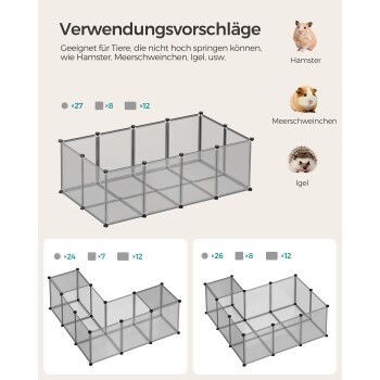 Transparente Haustierunterkünfte für Hamster, Meerschweinchen und Igel, mit Montageanleitungen und Komponentenanzahl.