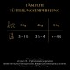 Tägliche Fütterungsempfehlungen für Katzen basierend auf Gewicht: 3 kg (3-3½), 4 kg (3½-4), 5 kg (4-4½). Anweisungen zur Lagerung und Servierung.