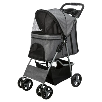 Buggy für Hunde Grau Haustierbuggy mit Netzfenstern, einer geräumigen Kabine und einem unteren Aufbewahrungskorb, mit vier Rädern für einfache Manövrierbarkeit.