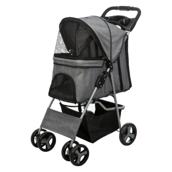 Grau Haustierbuggy mit Netzfenstern, einer geräumigen Kabine und einem unteren Aufbewahrungskorb, mit vier Rädern für einfache Manövrierbarkeit.