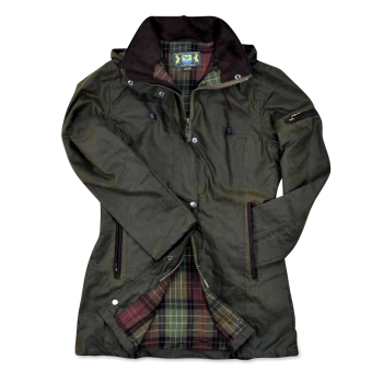 Olivgrüne Jacke mit kariertem Futter, Reißverschluss- und Knopfverschluss, und Etikett mit Größe XS/S und zwei gelben Hirsch-Logos.