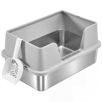 Graue zweiteilige Katzentoilette mit innerer Edelstahlschale, hoher Frontöffnung und weißer geschlitzter Schaufel, seitlich eingehängt.
