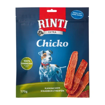 Emballage de friandises pour chiens Rinti Chicko avec un chien de dessin animé, avec un texte indiquant '100% Kaninchen' et 'wenig Fett ohne Zucker,' 170g.