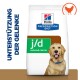 Hill's Prescription Diet j/d Hundefutterbeutel mit reduzierten Kalorien, der einen Golden Retriever zeigt und den Text "Unterstützung der Gelenke" enthält.