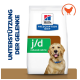 Hill's Prescription Diet j/d Hundefutterbeutel mit reduzierten Kalorien, der einen Golden Retriever zeigt und den Text "Unterstützung der Gelenke" enthält.