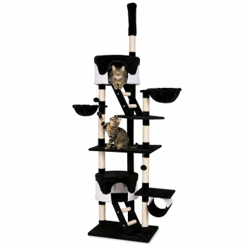 Kratzbaum XXL, Höhenverstellbar (230 - 250 cm) schwarz/ weiß Schwarz-weißer mehrstöckiger Kratzbaum für Katzen mit Kratzpfosten, Plattformen und gemütlichen Hängematten für Katzen.