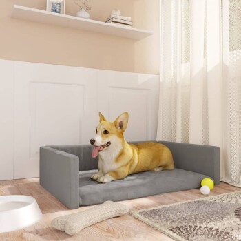 Ein glücklicher Corgi liegt auf einem grauen Haustierbett in einem gemütlichen Raum, mit einer weißen Futterschüssel, einem Kauspielzeug und bunten Bällen in der Nähe.