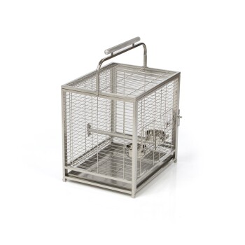 Einer Edelstahl-Haustierkäfig mit einem Griff, der ein Drahtgitterdesign und eine herausnehmbare Schublade für eine einfache Reinigung aufweist.
