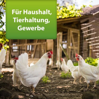 Hühner in einem Bauernhof-Setting mit einem grünen Banner darüber, das "Für Haushalt, Tierhaltung, Gewerbe" liest.