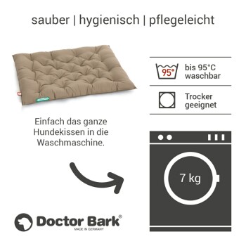 Braunes Hundebett mit gepolstertem Design, beschriftet mit "sauber | hygienisch | pflegeleicht", maschinenwaschbar bis 95°C, trocknergeeignet, von Doctor Bark.