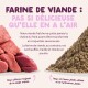Publicité pour aliments pour animaux montrant viande crue (gauche) vs farine de viande en poudre (droite) avec titre « FARINE DE VIANDE : PAS SI DÉLICIEUSE QU'ELLE EN A L'AIR » et texte explicatif en français.