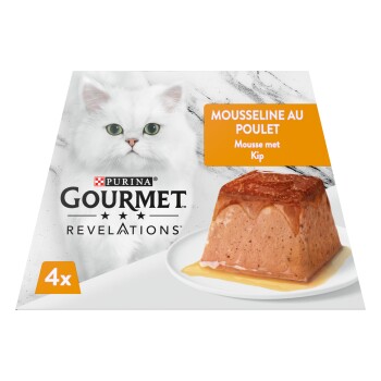 Pack de nourriture pour chat Purina Gourmet Revelations – image d'un chat blanc et mousseline de poulet ; texte visible « Mousseline au Poulet » et « 4x »