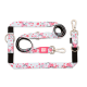 Hundeleinen- und Geschirrset mit floralem Muster in Pink und Weiß, mit Metallclips und Ringen, gekennzeichnet mit „Max & Molly Urban Pets“.