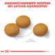 Drei runde, braune Haustierfutter-Kibbles auf einer skizzierten Umrisslinie mit dem Text "Massgeschneiderte Rezeptur mit aktiven Nährstoffen" darüber.