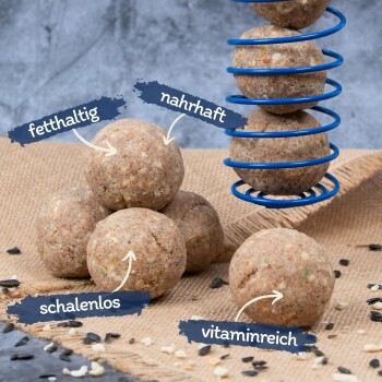Bild von nahrhaften Haustierfutterbällen auf einer Juteschicht, beschriftet mit 'fetthaltig', 'nahrhaft', 'schalenlos' und 'vitaminreich'.